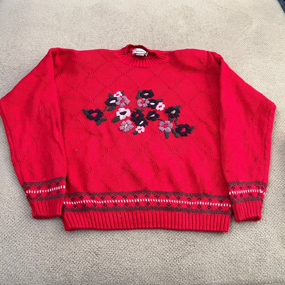 Vintage 1990s Gina‎ Peters Red Floral Embroidered Knit Sweater Womens Medium
